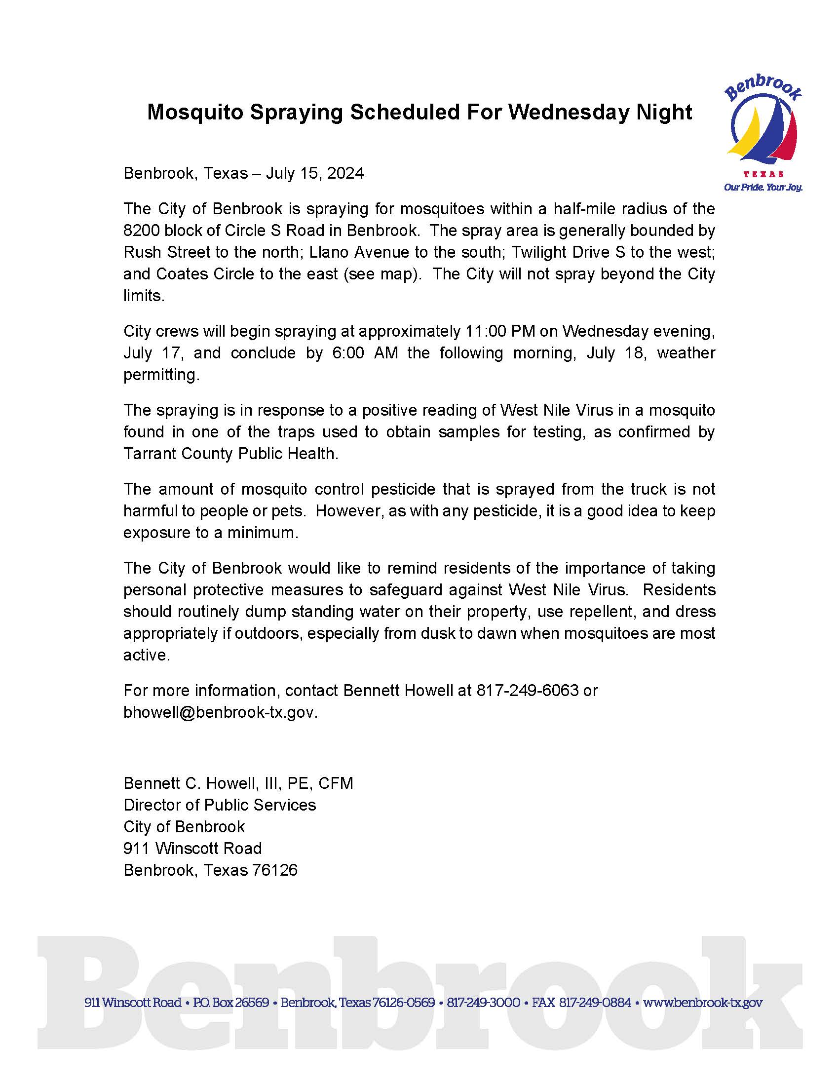 07.15.24a Ground Spraying Scheduled for Wednesday Night