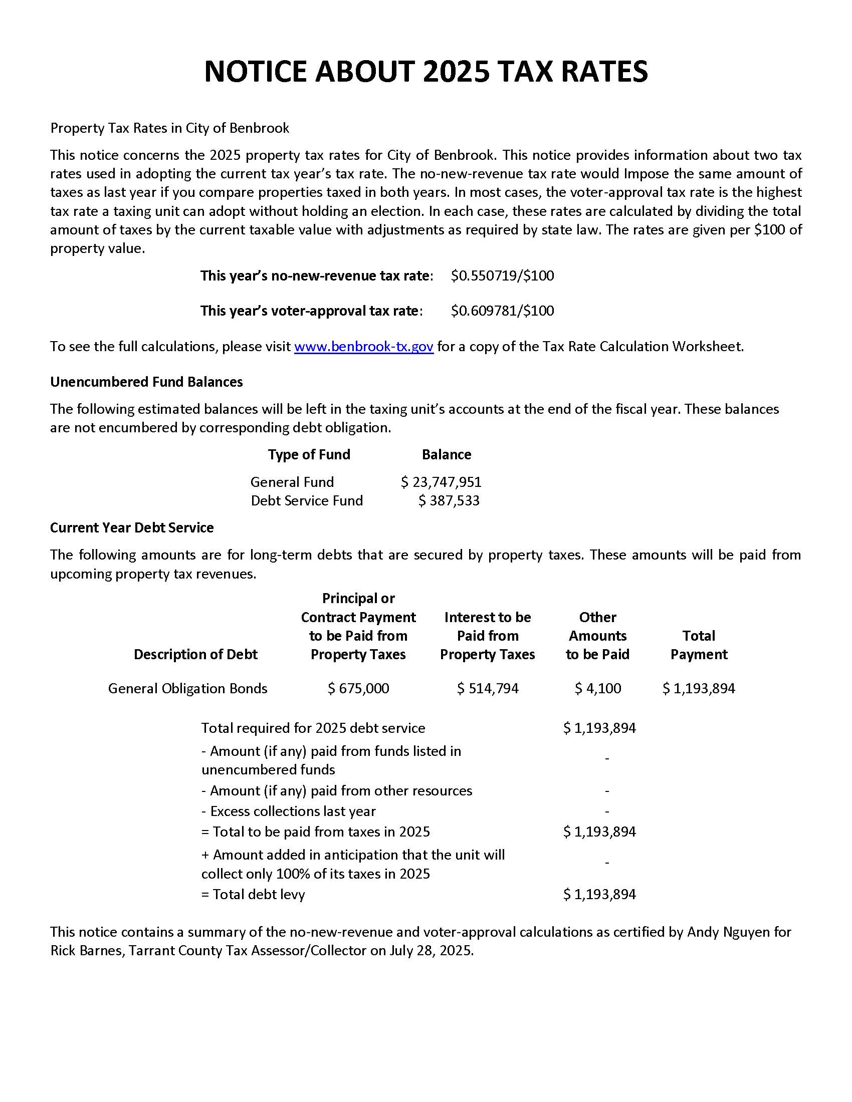 Notice about 2025 Tax Rates